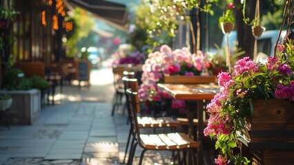 outside restaurant with a table, chairs and flowers
