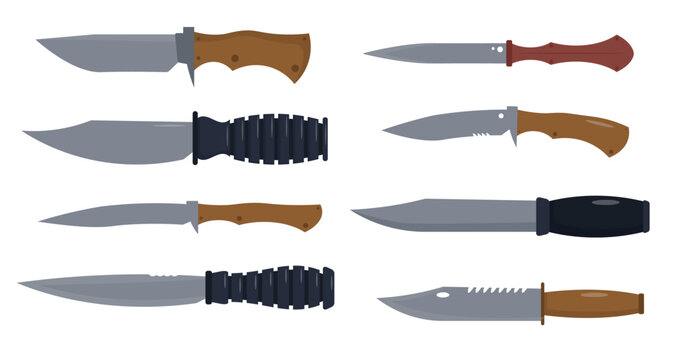  Set of combat knives, daggers in cartoon style.Vector illustration of knives with sharp blades, handles of various shapes isolated on a white background.An ancient type of military and hunting weapon