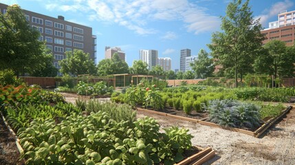 Fototapeta premium Urban Community Garden Flourishes: Sustainable Living in Modern Residential Area