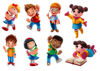 set of multiethnic school children characters