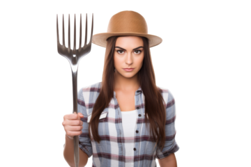 Young agricultural worker holding a pitchfork Isolated on white background