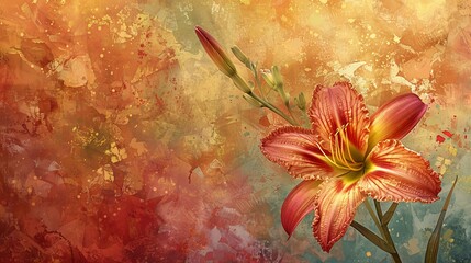 Close up of orange lily flower with bokeh background. Summer landscape with copy space