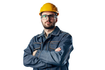 Young Middle Eastern builder wearing a hard hat and uniform with crossed arms Isolated on white background