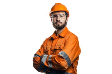 Young Middle Eastern builder wearing a hard hat and uniform with crossed arms Isolated on white background