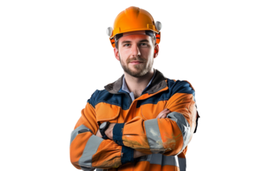 Young Middle Eastern builder wearing a hard hat and uniform with crossed arms Isolated on white background