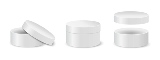 Closed and open round cardboard or tin boxes. Circular containers for gifts or hats, cosmetics or medicine, sweets or cookies. Cylindrical packages isolated on white background. Vector illustration.