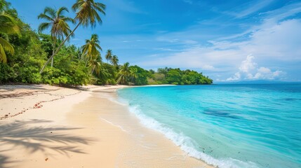Tropical Beach Scene With Palm Trees and Crystal Clear Water on a Sunny Day