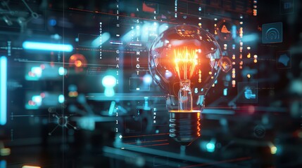 Obraz premium A modern image of a lightbulb with an interactive, touch-sensitive surface and floating digital icons