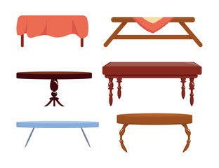 Set of beautiful tables in cartoon style. Vector illustration of wooden tables: round and rectangular, with tablecloths for different rooms isolated on white background. Magazine, office, home tables.