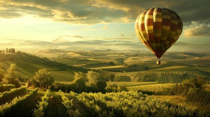 Fototapeta premium Adventure Awaits Hot Air Balloon Soaring Over Vibrant Fields Travel and Wanderlust Concept
