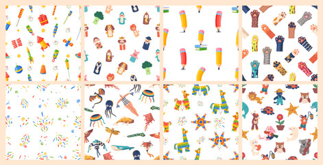 Set Of Colorful Vector Seamless Patterns Featuring Various Elements Including Fireworks, Animals, Pencils And Toys