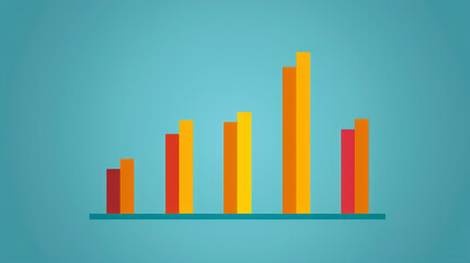 Bar chart displaying varying heights of vertical bars in red, orange, and yellow, set against a light blue background. Represents data comparison or growth analysis.