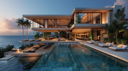 Obraz premium Modern Tropical Villa With Infinity Pool at Sunset
