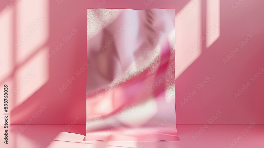 Aufkleber a partially crumpled piece of reflective pink material stands against a soft, shadowed pink backgrou