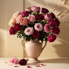 Pink and red roses in a vintage vase, set on a table with scattered rose petals.