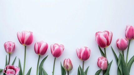 Obraz premium Pink tulips on white background with text space