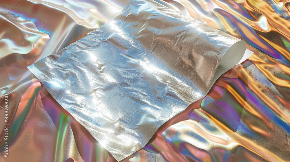 Aufkleber a piece of iridescent, crinkled fabric rests on a similarly vibrant and reflective background, creat