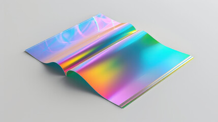 A folded piece of iridescent, multicolored material lies on a light gray surface, shimmering with vibrant hues.