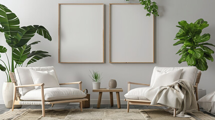 A cozy, modern living room with two chairs, lush green plants, and blank frames on the wall, creating a peaceful and inviting space.