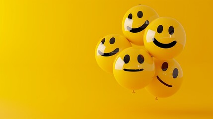 Fototapeta premium Bright and Cheerful Yellow Smiley Faces Floating Against a Vibrant Orange Background for Happiness and Positivity