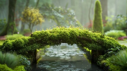 Fototapeta premium Enchanted Garden Bridge Lush Moss and Dreamy Atmosphere in a Whimsical Wonderland