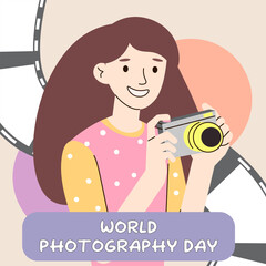 World Photography Day. girl happily with a camera. vector banner