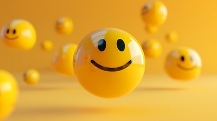 Fototapeta premium Bright and Cheerful Yellow Smiley Faces Floating Against a Vibrant Orange Background for Happiness and Positivity