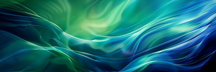 Colorful abstract fluid waves in shades of green and blue, creating a smooth texture and vibrant feel.