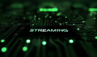 A futuristic high-tech data center or server room with illuminated circuits and the word "STREAMING" prominently displayed, emphasizing digital streaming technology