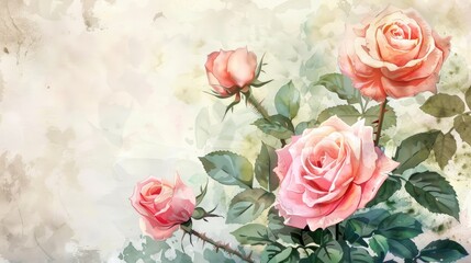 Romantic watercolor painting of pink roses and leaves.