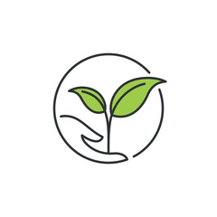 Icon eco-friendly tag. Symbol that labeling product that has been made from natural sources. It means environmental friendly no harm for the earth. Illustrated by hand holding green plant in circle.