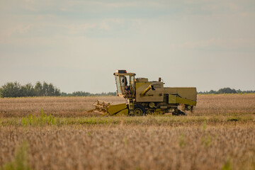 Great combine harvester working at the field. Agricultural machine on the blue sky. Combine...