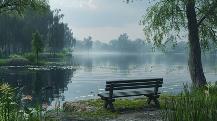 Obraz premium Tranquil Oasis Serene Park Bench Overlooking Reflective Pond Peaceful Nature Landscape for Relaxation and Contemplation