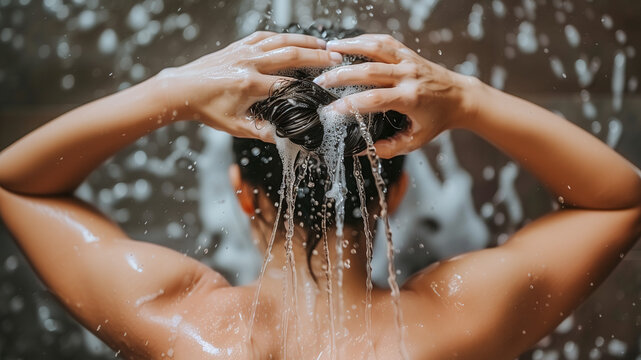 Femme se lavant les cheveux sous la douche avec de la mousse et des gouttelettes d'eau