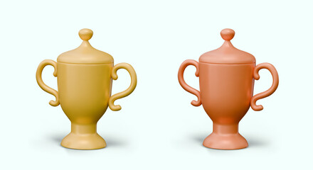 Set of metal cups of different colors. Gold and copper trophy. Bowl with lid and two handles