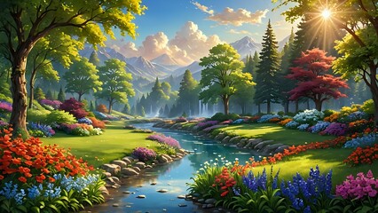 A vibrant landscape with a winding river flowing through a lush green valley surrounded by towering mountains and a forest of trees.