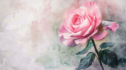 Single pink rose in watercolor with delicate details.