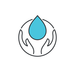 Icon to promote action to save water. Illustration of hands protecting the environment from unnecessary water usage.