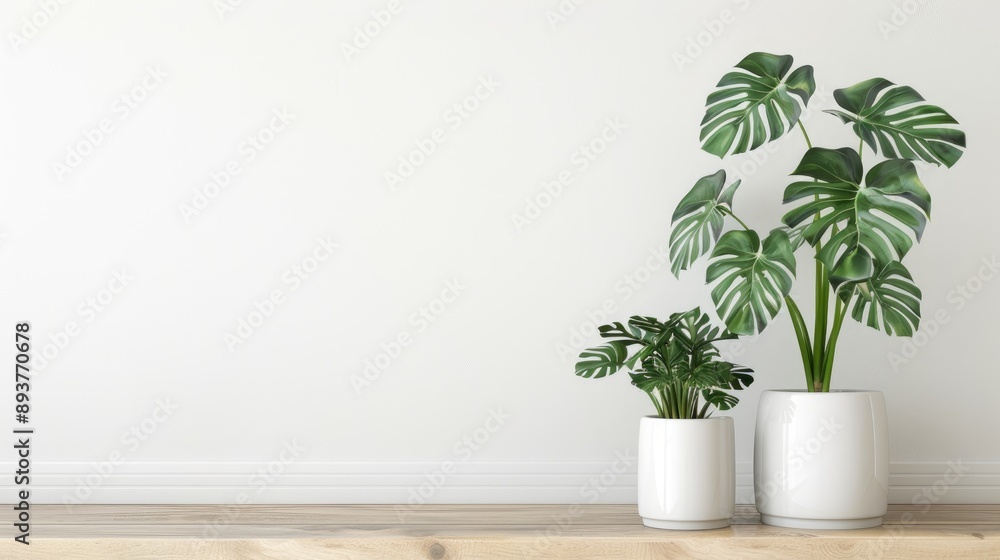 Poster minimalistic setting with monstera plants in white pots on wooden table against white background fea