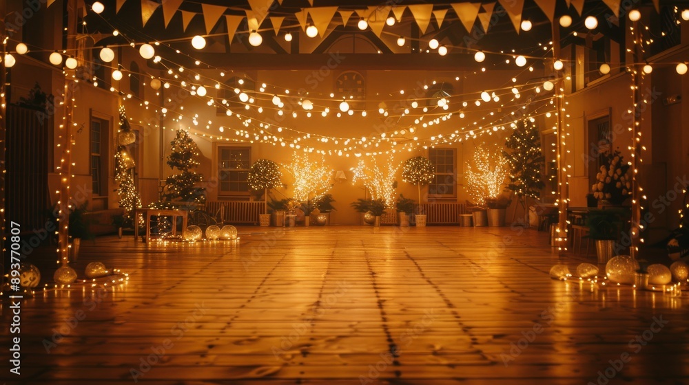 Poster a dimly lit dance floor adorned with string lights and decorative trees creating a cozy and romantic