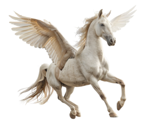 Majestic white winged horse, Pegasus, in flight, cut out