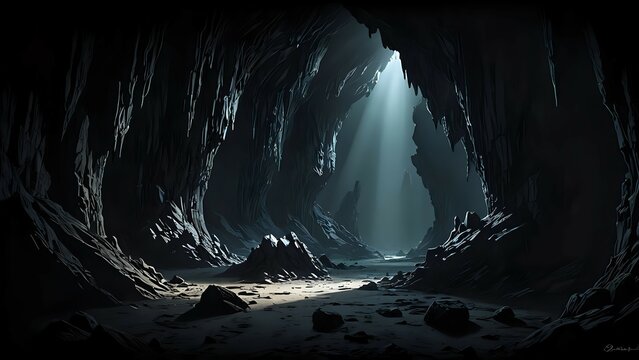 A dark cave with a ray of light shining through the entrance.
