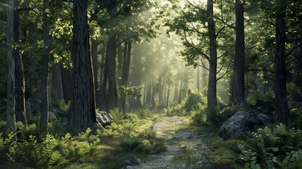 Fototapeta premium Enchanted Forest Tranquil Trail bathed in Sunlight Ideal for Nature Lovers and Outdoor Enthusiasts