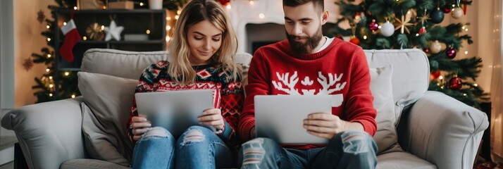A couple is enjoying the festive season as they sit together in Christmas sweaters, using tablets in a cozy and decorated home. They appear happy and connected in this warm and festive scene