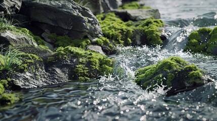 Fototapeta premium Tranquil Waters Serene Mossy Riverbank Landscape with Gentle Flowing Water and Rocks Peaceful Nature Scene for Relaxation and Meditation