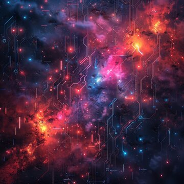 Abstract digital artwork depicting a vibrant, futuristic cosmic network with glowing circuits.
