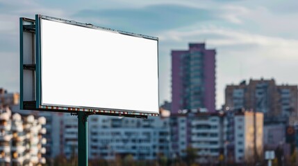 A blank billboard stands in an urban setting with a blurred background of buildings