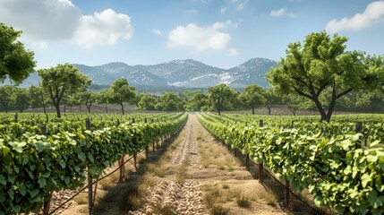 Obraz premium Sunkissed Vineyard Captivating Rows of Grapevines in the Heart of Wine Country