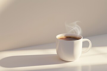 Obraz premium A steaming cup of coffee resting on a light surface, highlighting a serene and cozy atmosphere, perfect for enjoying a warm beverage