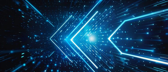 A dynamic abstract design featuring blue light beams and arrows, emanating from a central point, creating a sense of speed and energy in a dark background